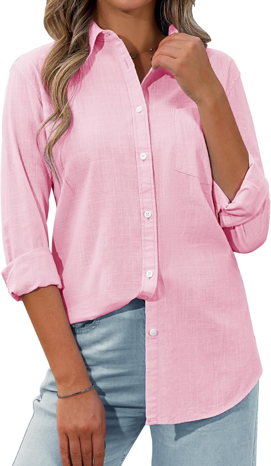 Margarita - Linen Blend Long Sleeve Button Down Shirt with Pocket Casual Summer Blouse