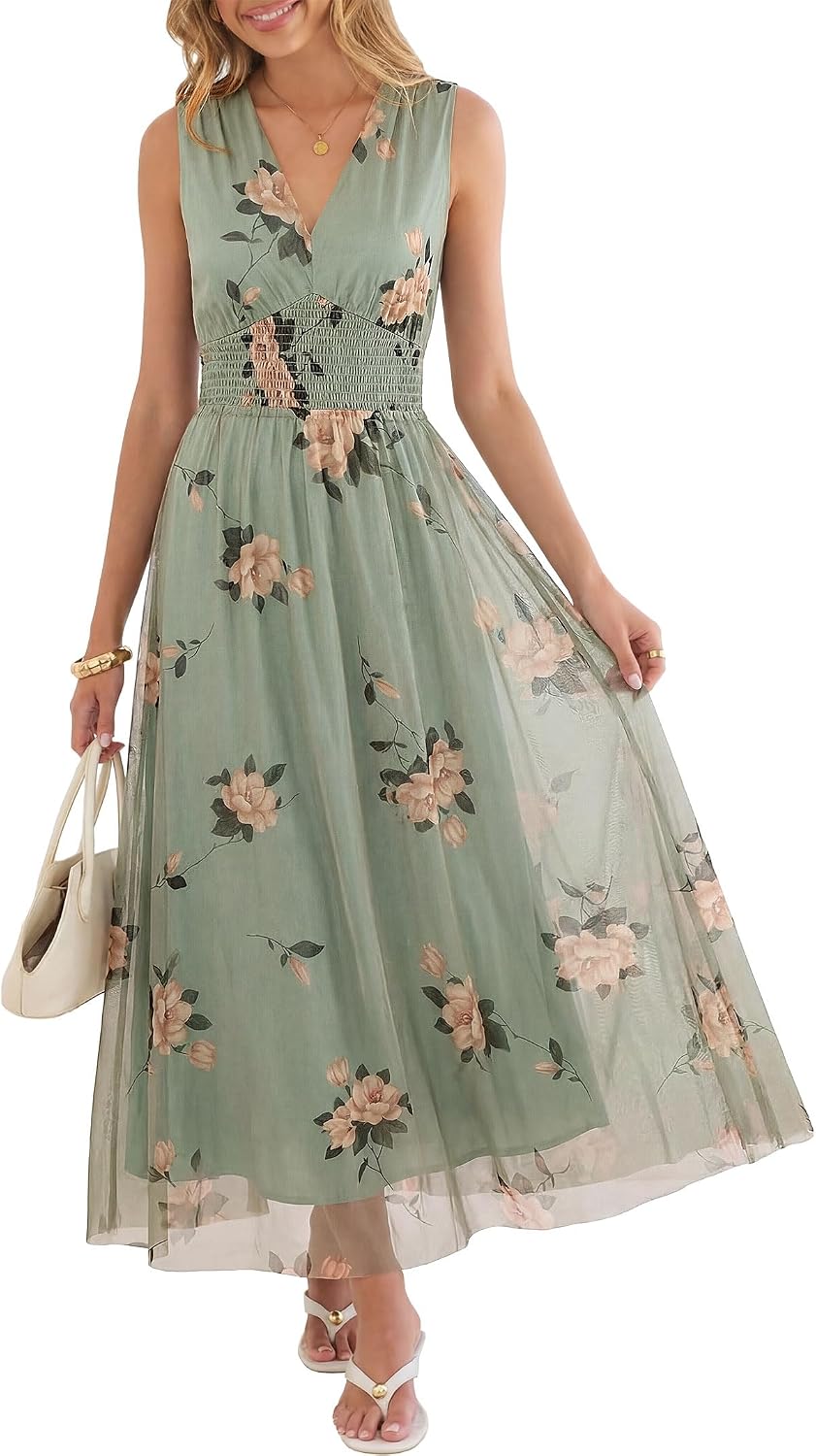 Rosalind Women's Floral Tulle Maxi Dress with V-Neck, Sleeveless A-Line Silhouette & Elastic Waist