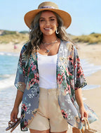 Giselle - Floral Chiffon Open Front Kimono Cardigan Beach Cover Up for Women