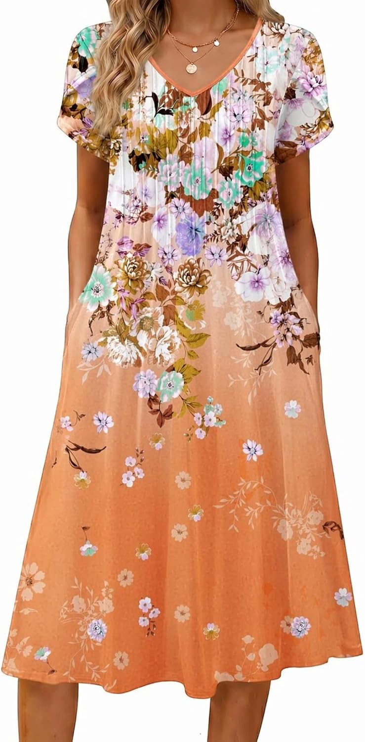 Rosalie Women's Pleated A-Line Midi Dress with V-Neck, Petal Sleeves & Side Pockets