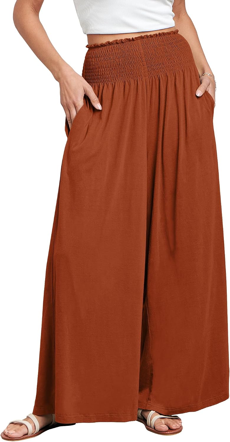 Fatima - Smocked High Waist Wide Leg Palazzo Pants with Pockets and Relaxed Fit