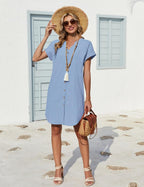 Isolde Cotton Linen Summer Shirt Dress with Short Sleeves, Buttons and Pockets