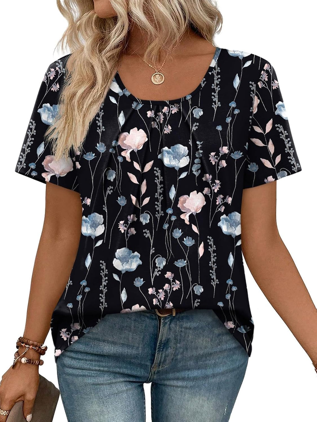 Noemi Women's Pleated Scoop Neck Blouse with Relaxed Short Sleeves