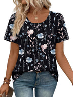 Noemi Women's Pleated Scoop Neck Blouse with Relaxed Short Sleeves