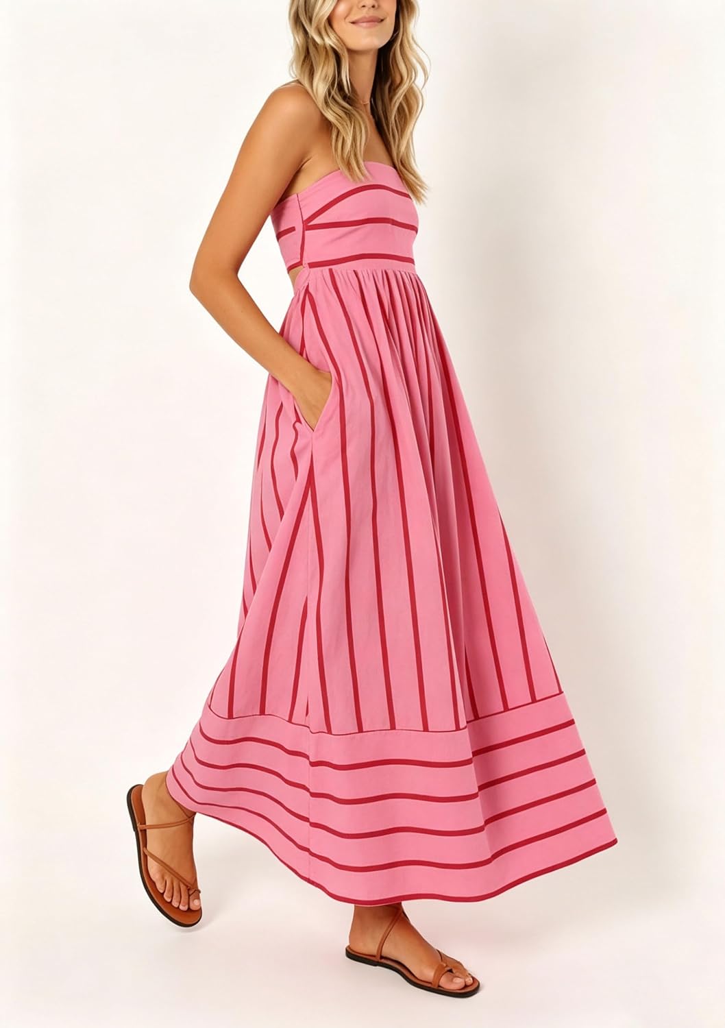 Seraphina Women's Striped Maxi Dress with Smocked Back, Cut-Out Detail & Pockets