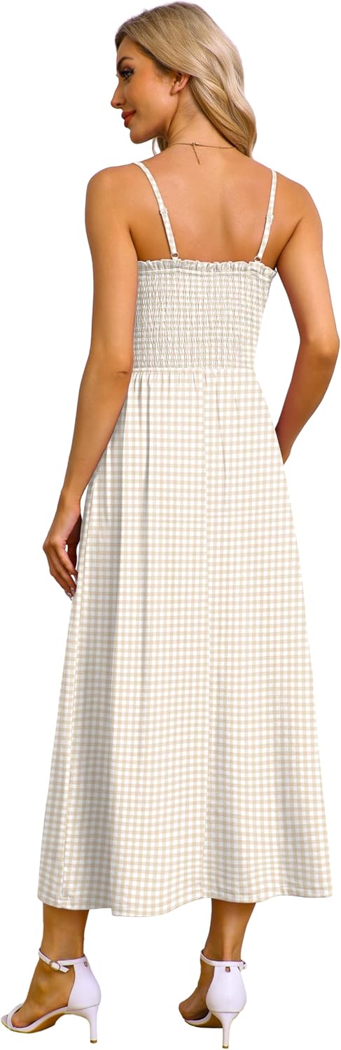 Aislinn Smocked Gingham Spaghetti Strap Maxi Sundress with Pockets for Summer Holidays
