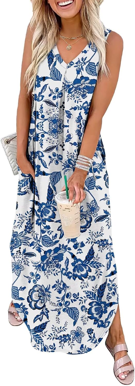 Ariella Women's Tropical Leaf Print Sleeveless Maxi Dress with V-Neck, Side Slit & Pockets