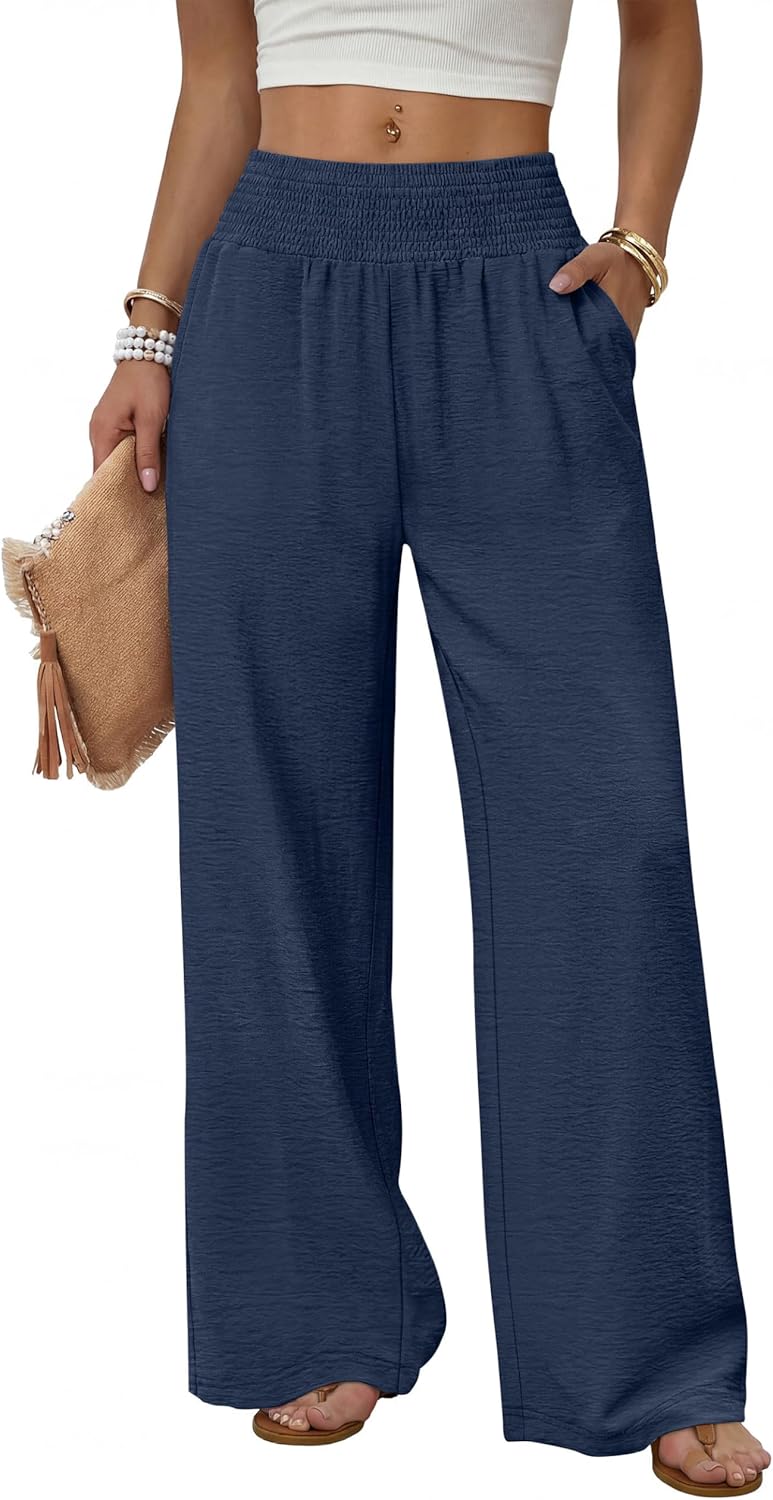 Solenne Women's High-Waisted Wide Leg Lounge Pants with Smocked Waist & Pockets