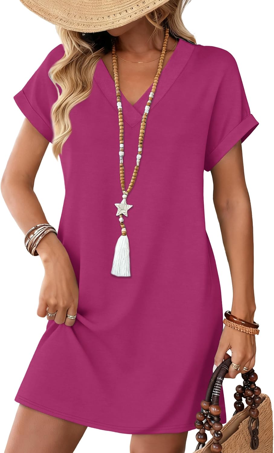 Elara Women's Casual V-Neck Midi T-Shirt Dress with Cuffed Sleeves & Side Pockets