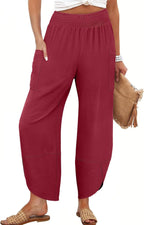 Maëlys Women's Smocked Waist Barrel Leg Cropped Pants with Utility Pockets