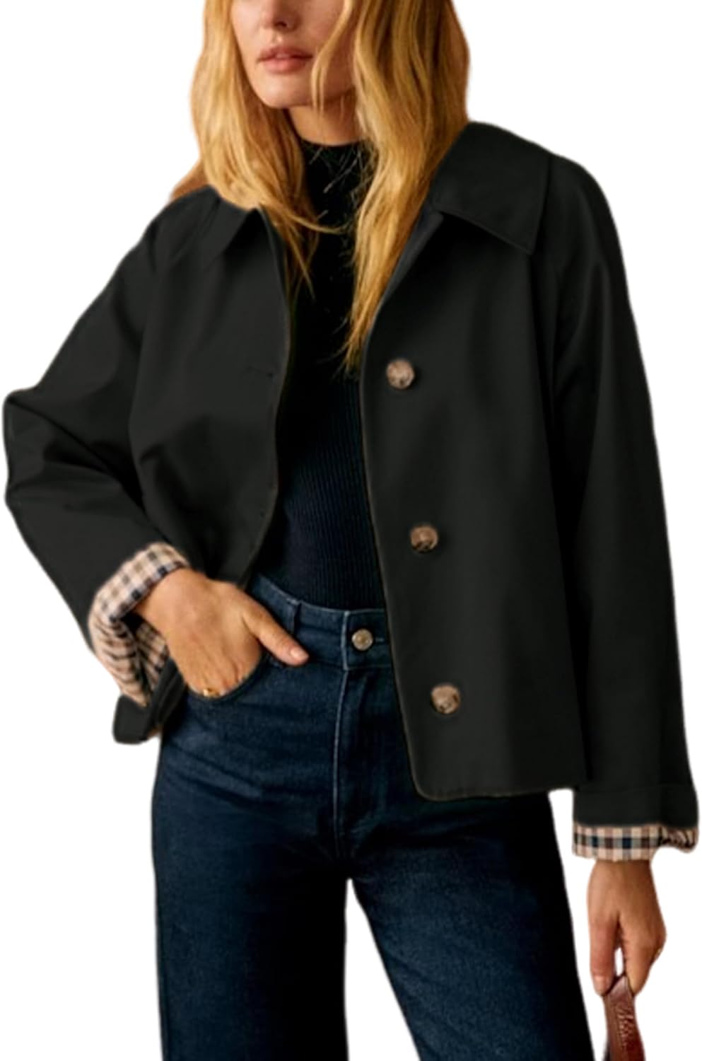 Emily Women's Cropped Trench Jacket – Roomy Fit, Structured Lapel & Plaid Lining