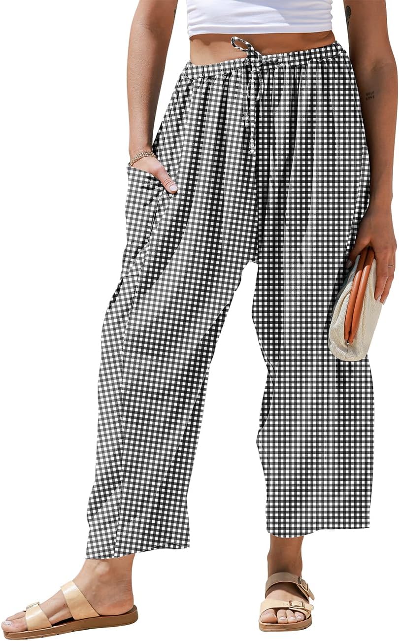 Blythe - Linen Blend Wide Leg Harem Pants with Gingham Check Drawstring Waist and Pockets