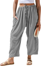 Blythe - Linen Blend Wide Leg Harem Pants with Gingham Check Drawstring Waist and Pockets