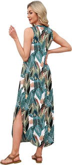 Ariella Women's Tropical Leaf Print Sleeveless Maxi Dress with V-Neck, Side Slit & Pockets