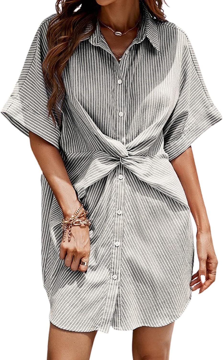Coralie Striped Twist Front Shirt Dress – Button-Up Collared Mini Summer Dress