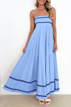 Ysabelle Spaghetti Strap Boho Maxi Dress with Square Neck and Contrast Trim Details