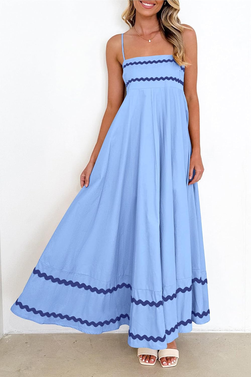 Ysabelle Spaghetti Strap Boho Maxi Dress with Square Neck and Contrast Trim Details