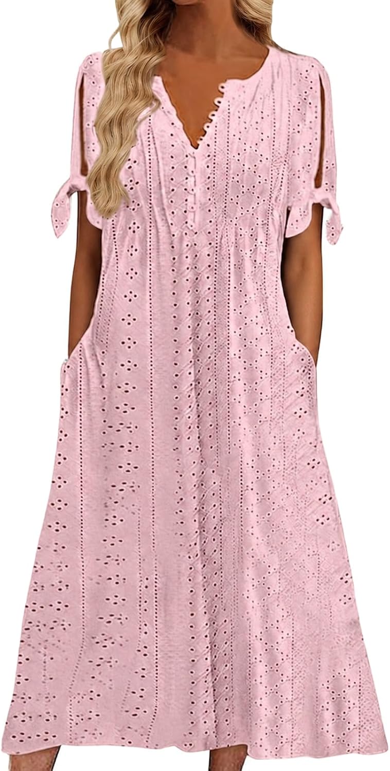 Maren Women's Eyelet V-Neck Maxi Dress with Tie Sleeves and Pockets