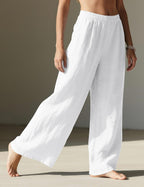 Marites - Linen Blend Wide Leg Palazzo Pants with Elastic Waist and Side Pockets
