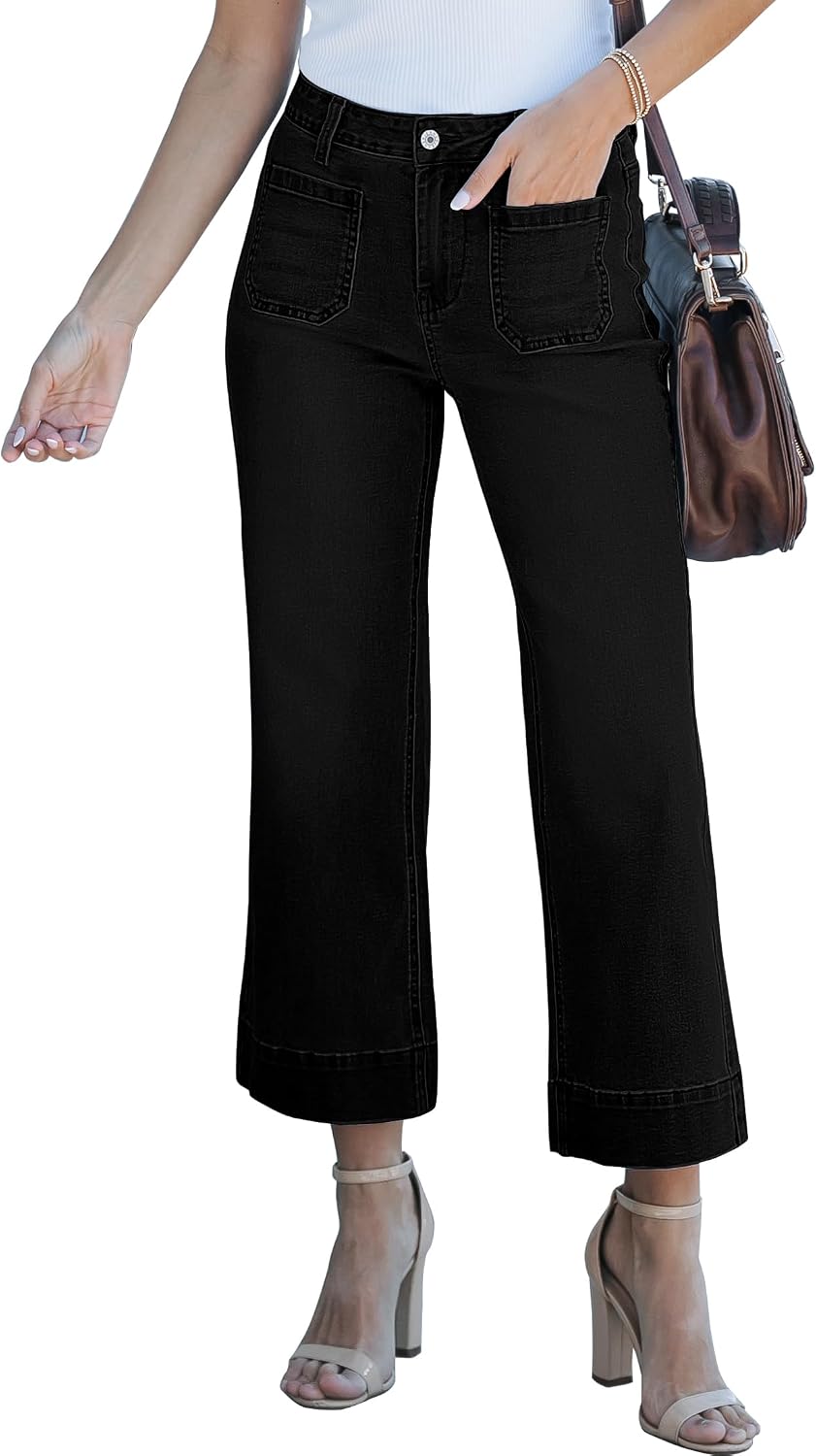 Corinne Women's High-Waisted Cropped Wide Leg Denim Jeans with Patch Pockets