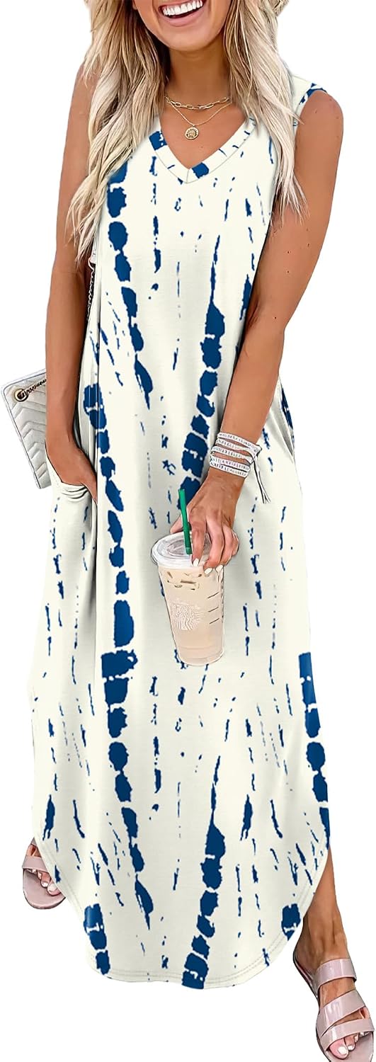 Mayumi Sleeveless V-Neck Maxi Sundress with Side Slit Pockets for Summer Beach Holidays