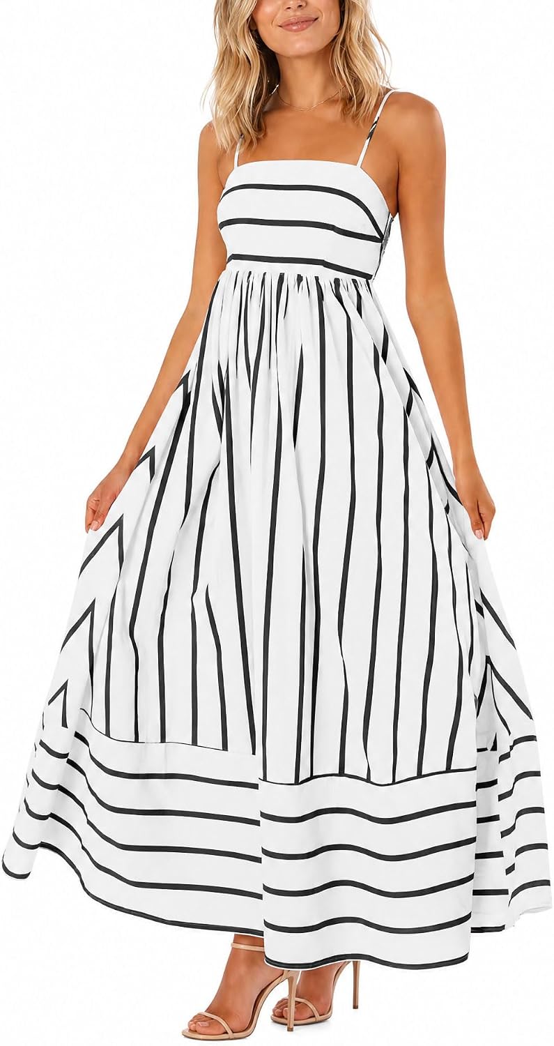 Seraphina Women's Striped Maxi Dress with Smocked Back, Cut-Out Detail & Pockets