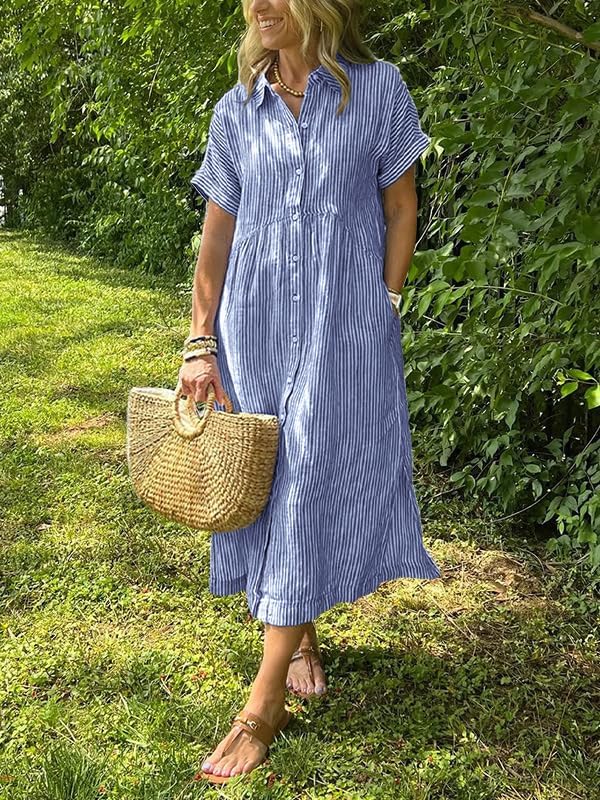 Corinne Women's Striped Button-Down Shirt Midi Dress with Short Sleeves & A-Line Fit