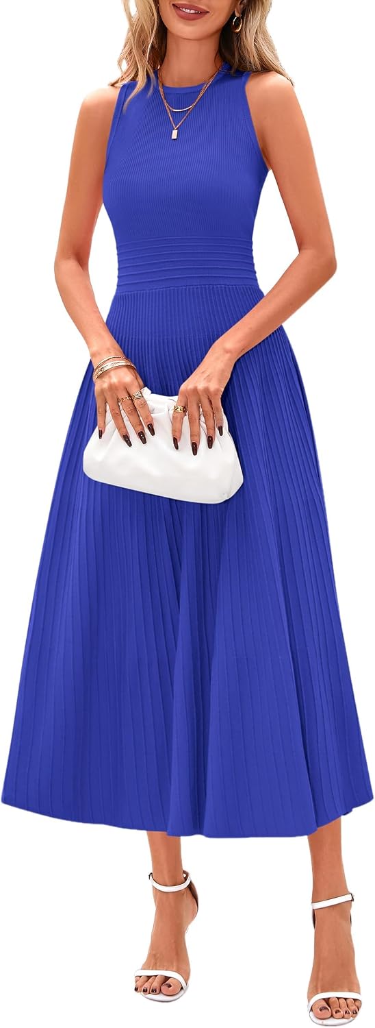 Elise Women's Pleated A-Line Midi Dress with Sleeveless Crew Neck & High Waist