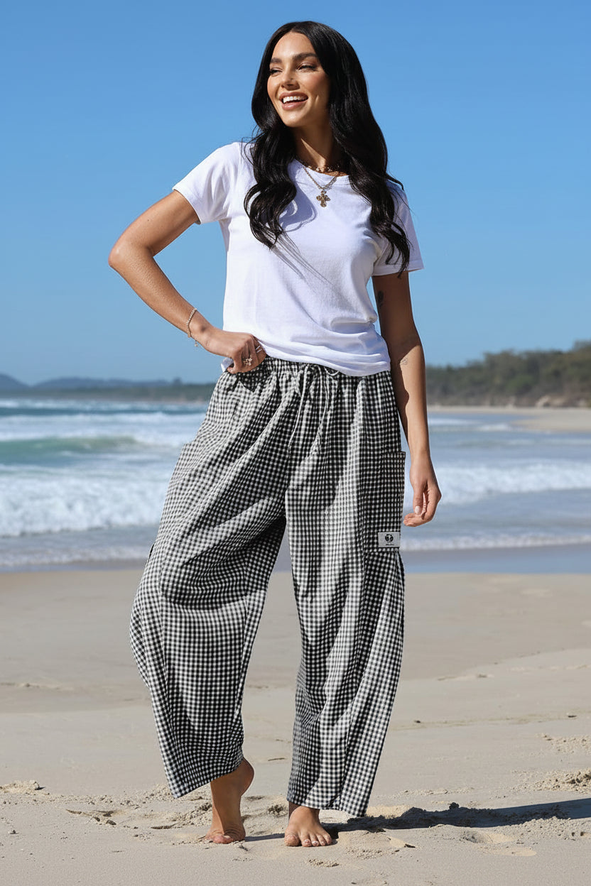 Blythe - Linen Blend Wide Leg Harem Pants with Gingham Check Drawstring Waist and Pockets