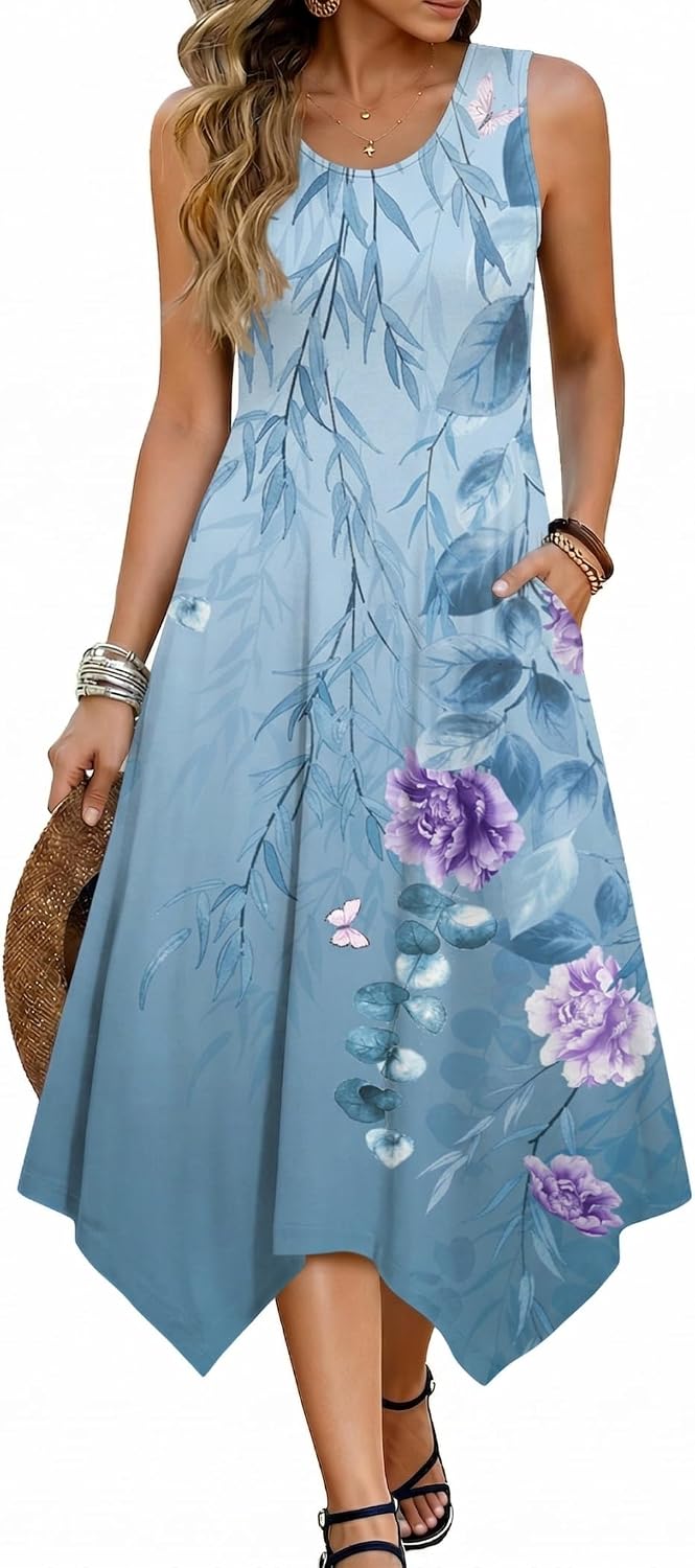 Avelisse Women's Bohemian Floral Handkerchief Midi Dress with Pockets
