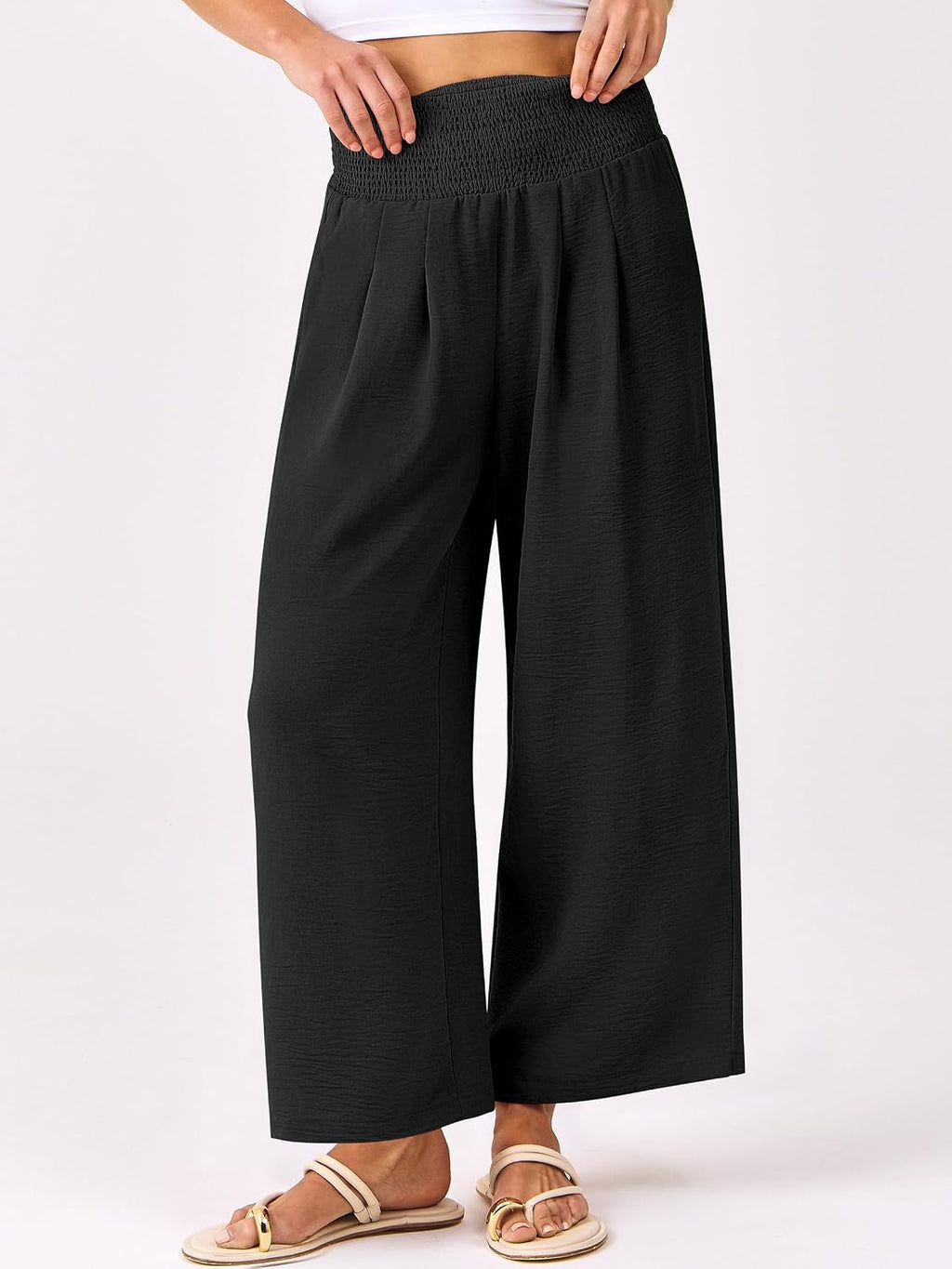 Lisette Women's High-Waisted Wide Leg Palazzo Pants with Smocked Waist & Pockets