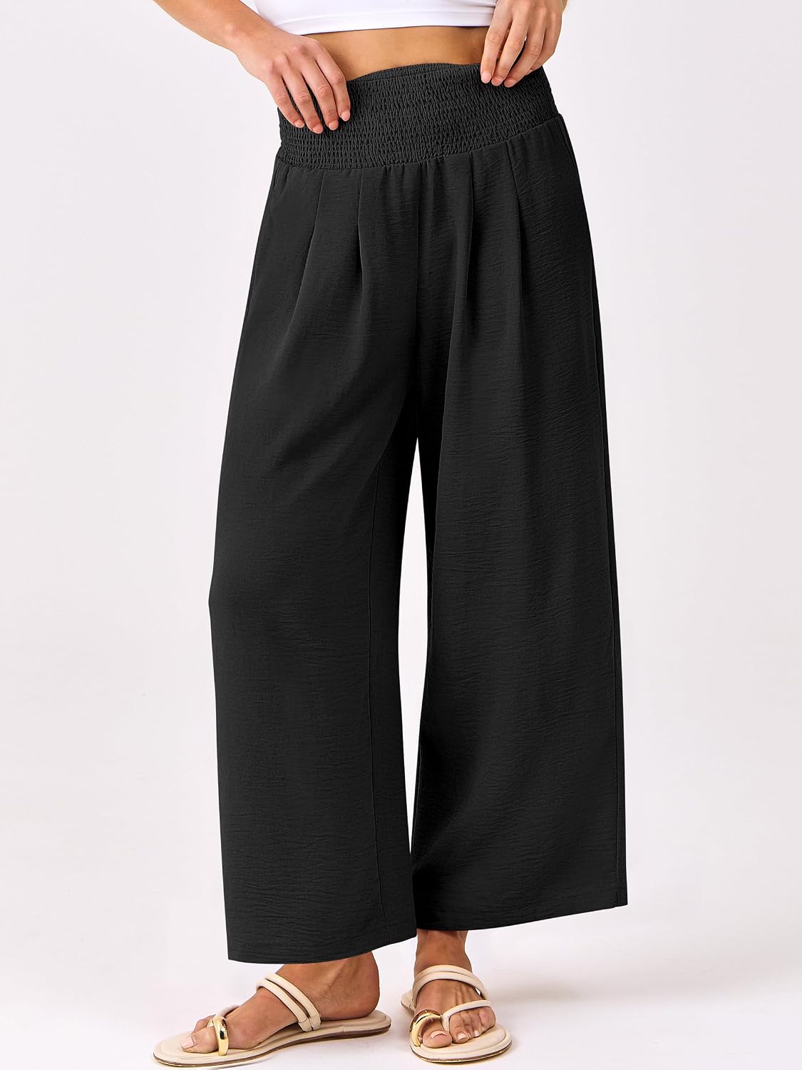 Lisette Women's High-Waisted Wide Leg Palazzo Pants with Smocked Waist & Pockets