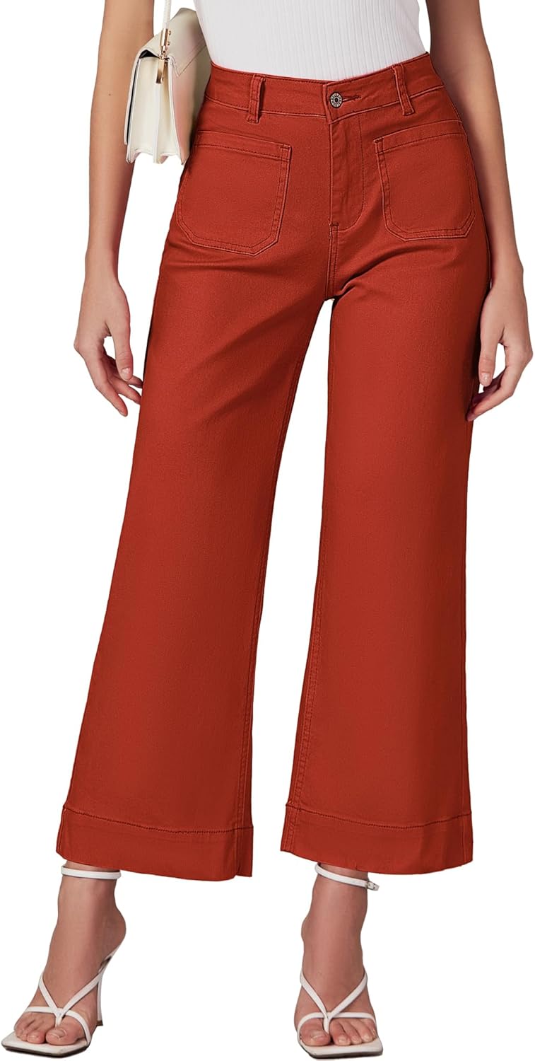 Corinne Women's High-Waisted Cropped Wide Leg Denim Jeans with Patch Pockets