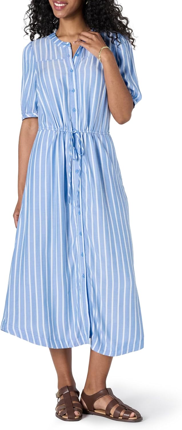 Sylviane Women's Button-Front Midi Dress with Drawstring Waist & Half Sleeves