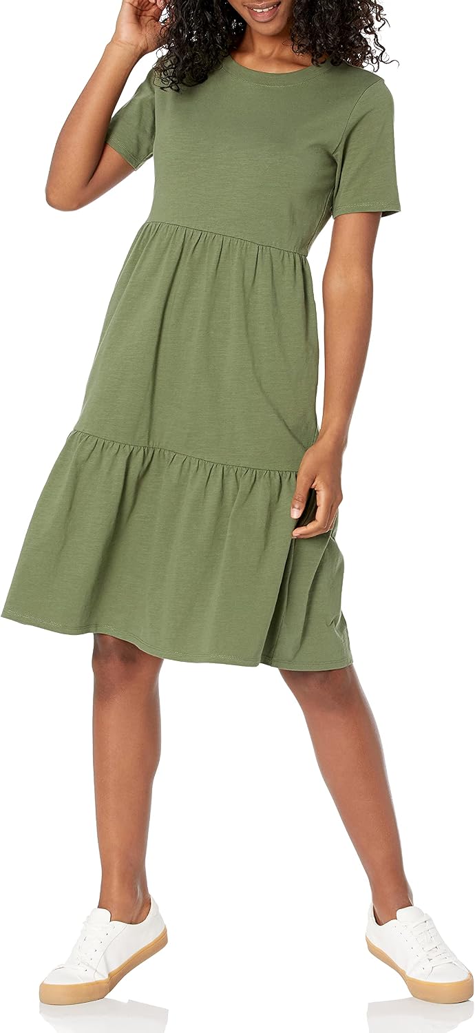 Béatrice Women's Cotton Tiered Mini Dress with Short Sleeves & Crew Neck