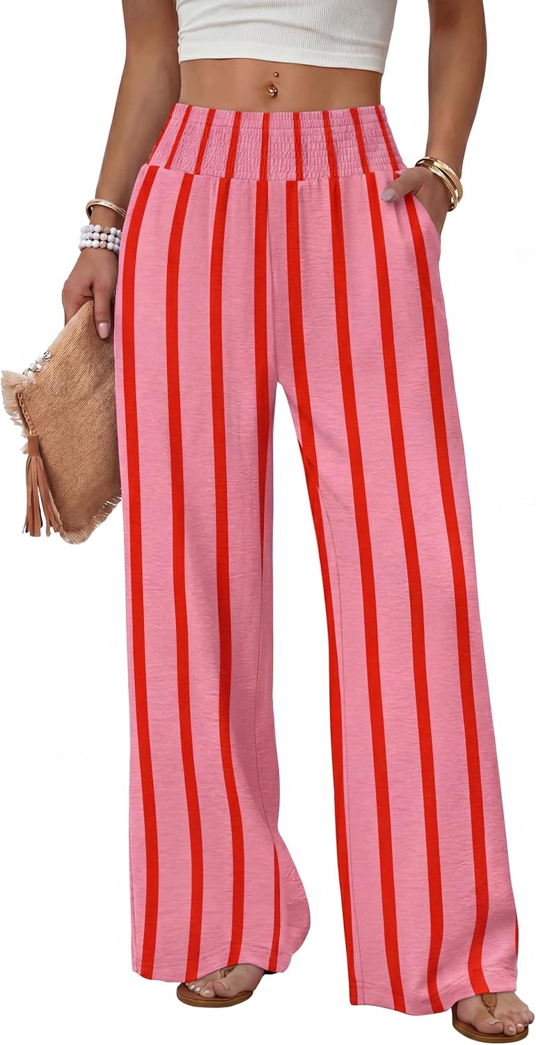 Solenne Women's High-Waisted Wide Leg Lounge Pants with Smocked Waist & Pockets
