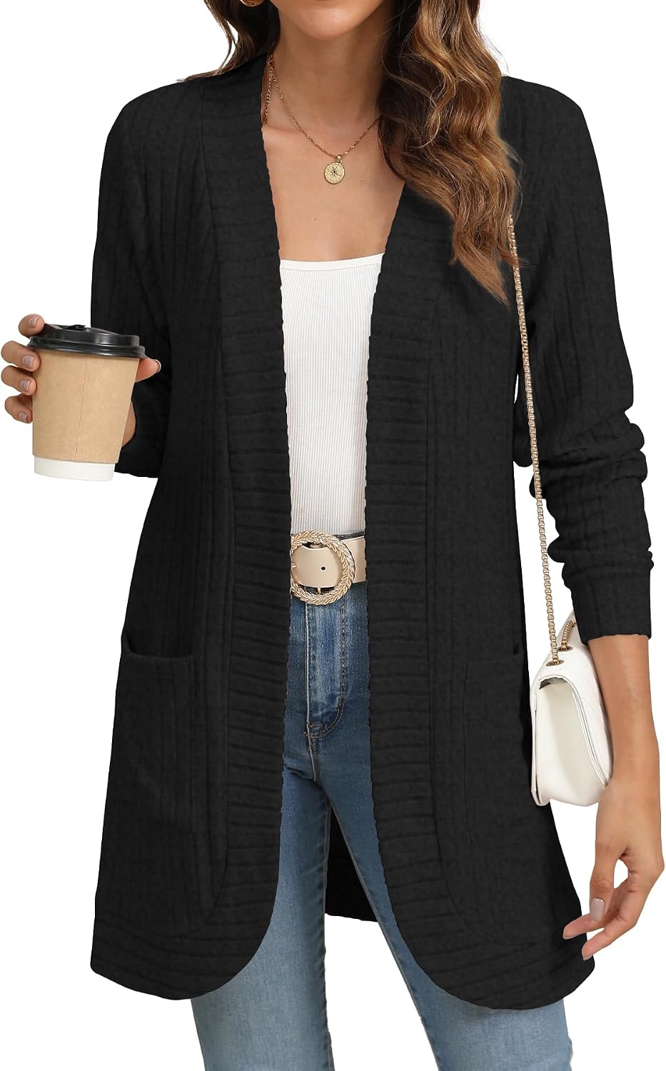 Jacob Women's Ribbed Open-Front Cardigan – Full-Length Sleeves, Relaxed Silhouette & Side Slip Pockets