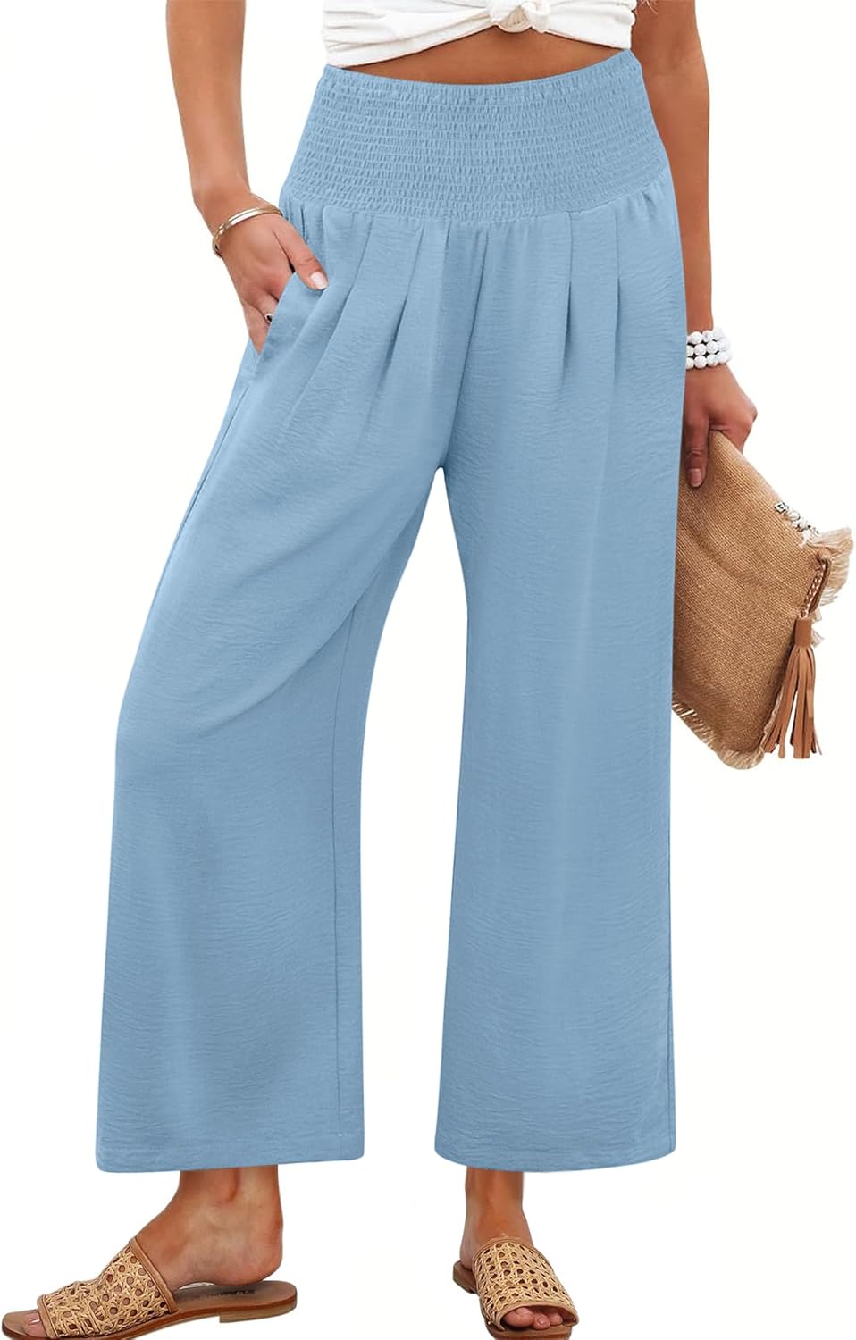 Lisette Women's High-Waisted Wide Leg Palazzo Pants with Smocked Waist & Pockets