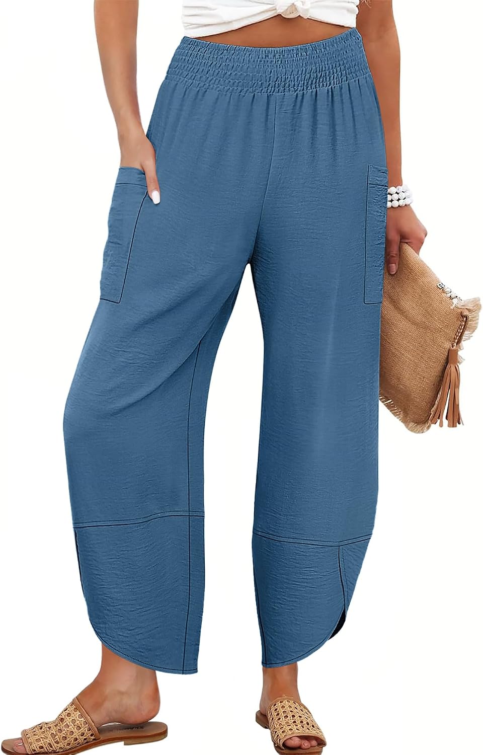 Maëlys Women's Smocked Waist Barrel Leg Cropped Pants with Utility Pockets