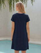 Mireya Cotton Linen Blend Shift Dress with V-Neck, Short Sleeves and Side Pockets