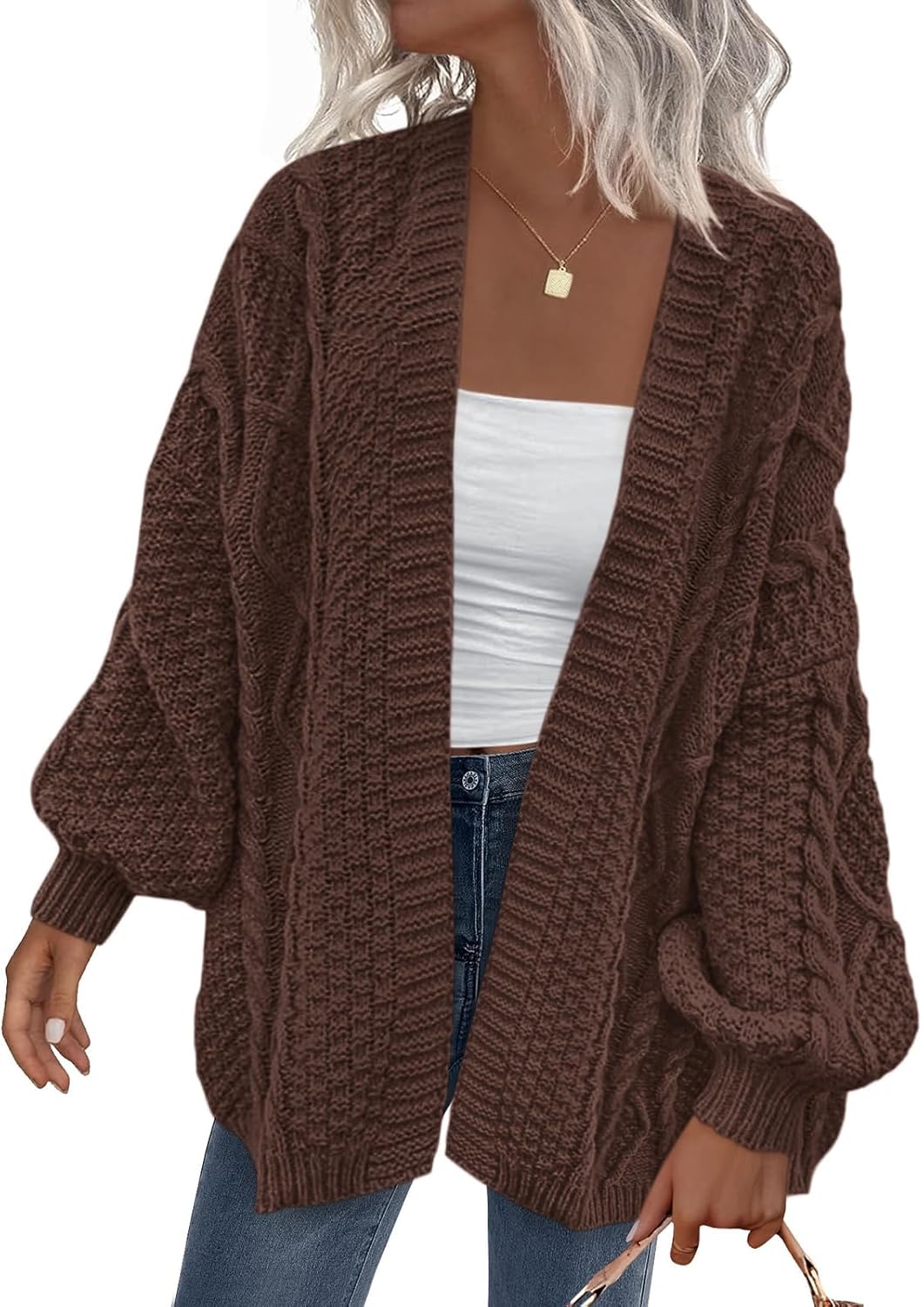 Jasmine Women's Cable Knit Cardigan – Balloon Sleeves, Dropped-Shoulder Design & Roomy Fit