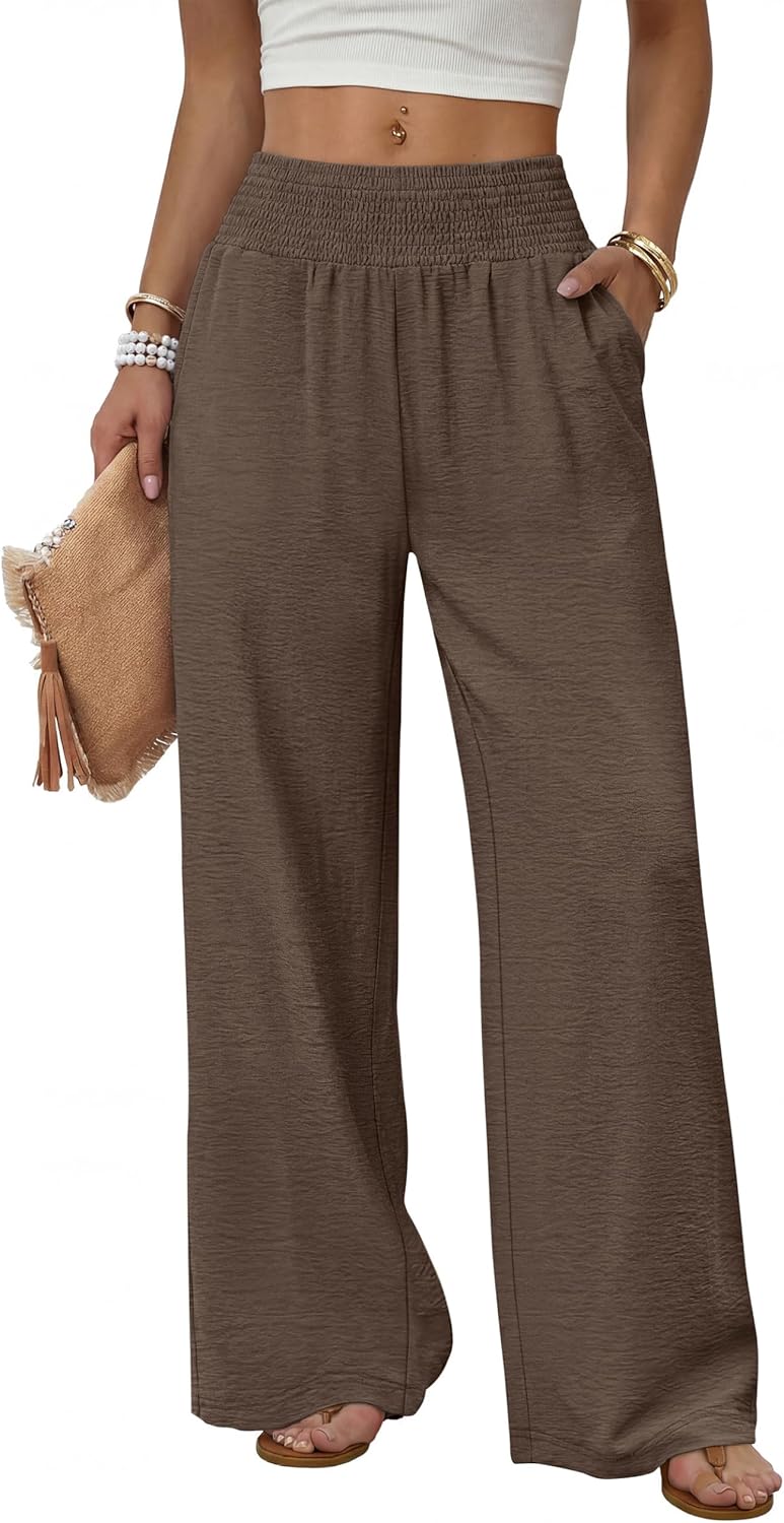 Solenne Women's High-Waisted Wide Leg Lounge Pants with Smocked Waist & Pockets