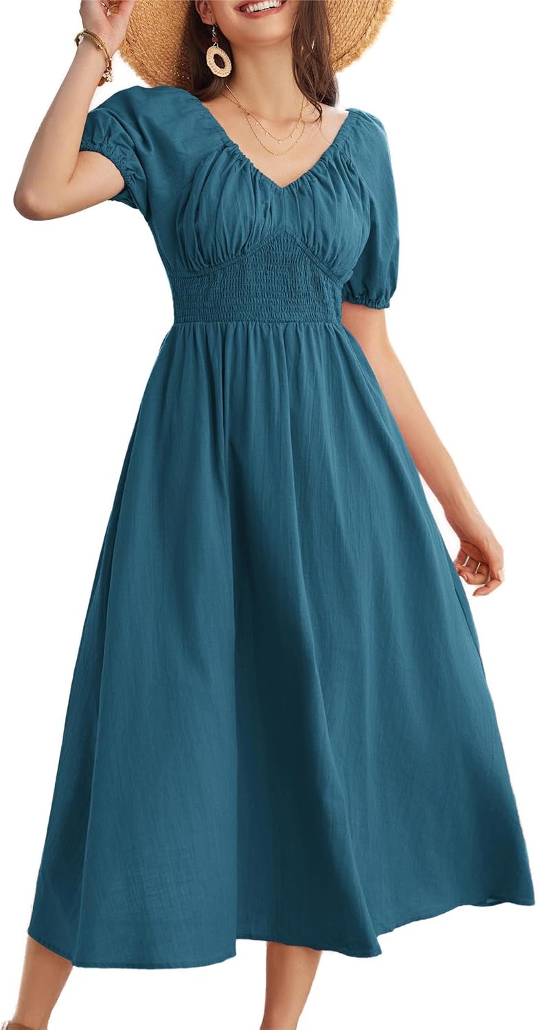 Celestia Cotton A-Line Maxi Dress – Puff Sleeve Off-Shoulder Smocked Dress