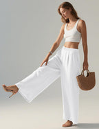 Marites - Linen Blend Wide Leg Palazzo Pants with Elastic Waist and Side Pockets