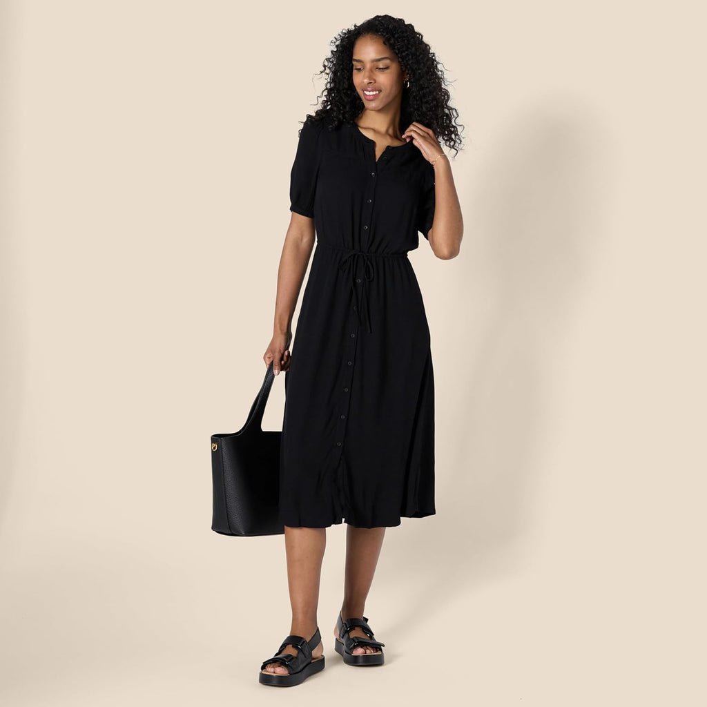 Sylviane Women's Button-Front Midi Dress with Drawstring Waist & Half Sleeves