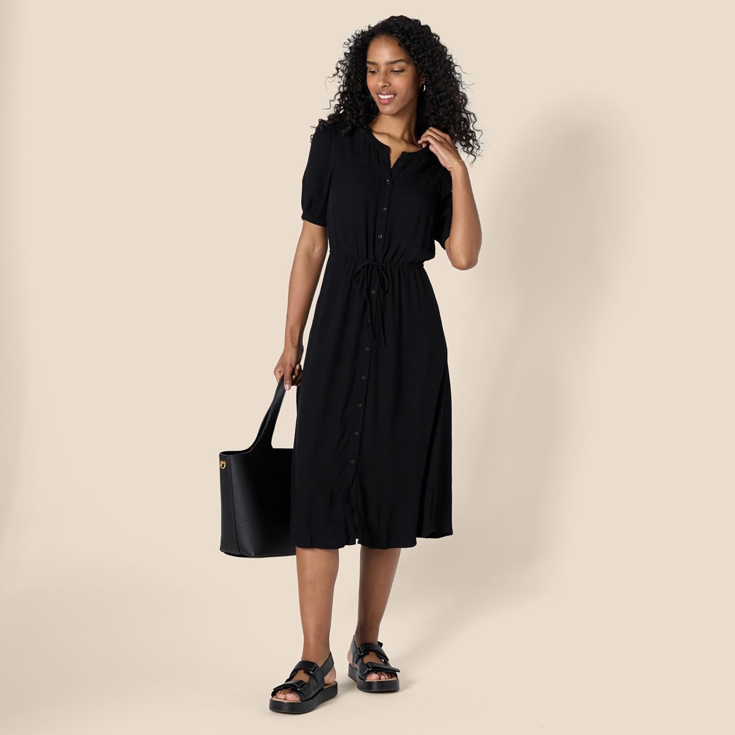 Sylviane Women's Button-Front Midi Dress with Drawstring Waist & Half Sleeves