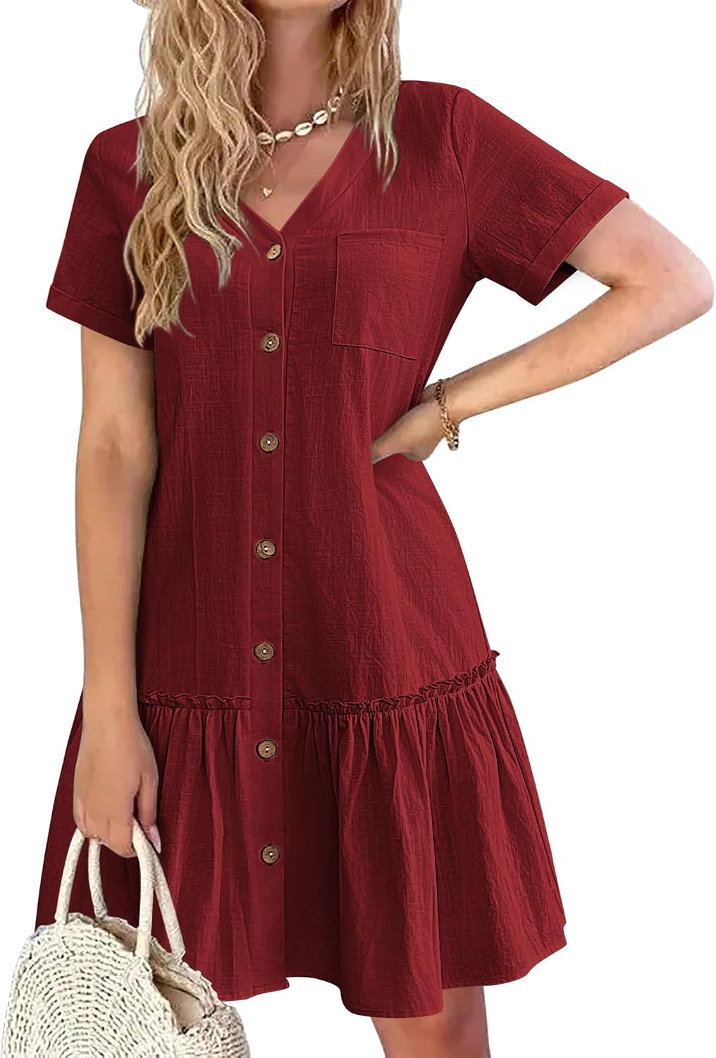 Celestine Cotton Linen Button Front Mini Dress with V-Neck, Ruffle Hem and Pocket