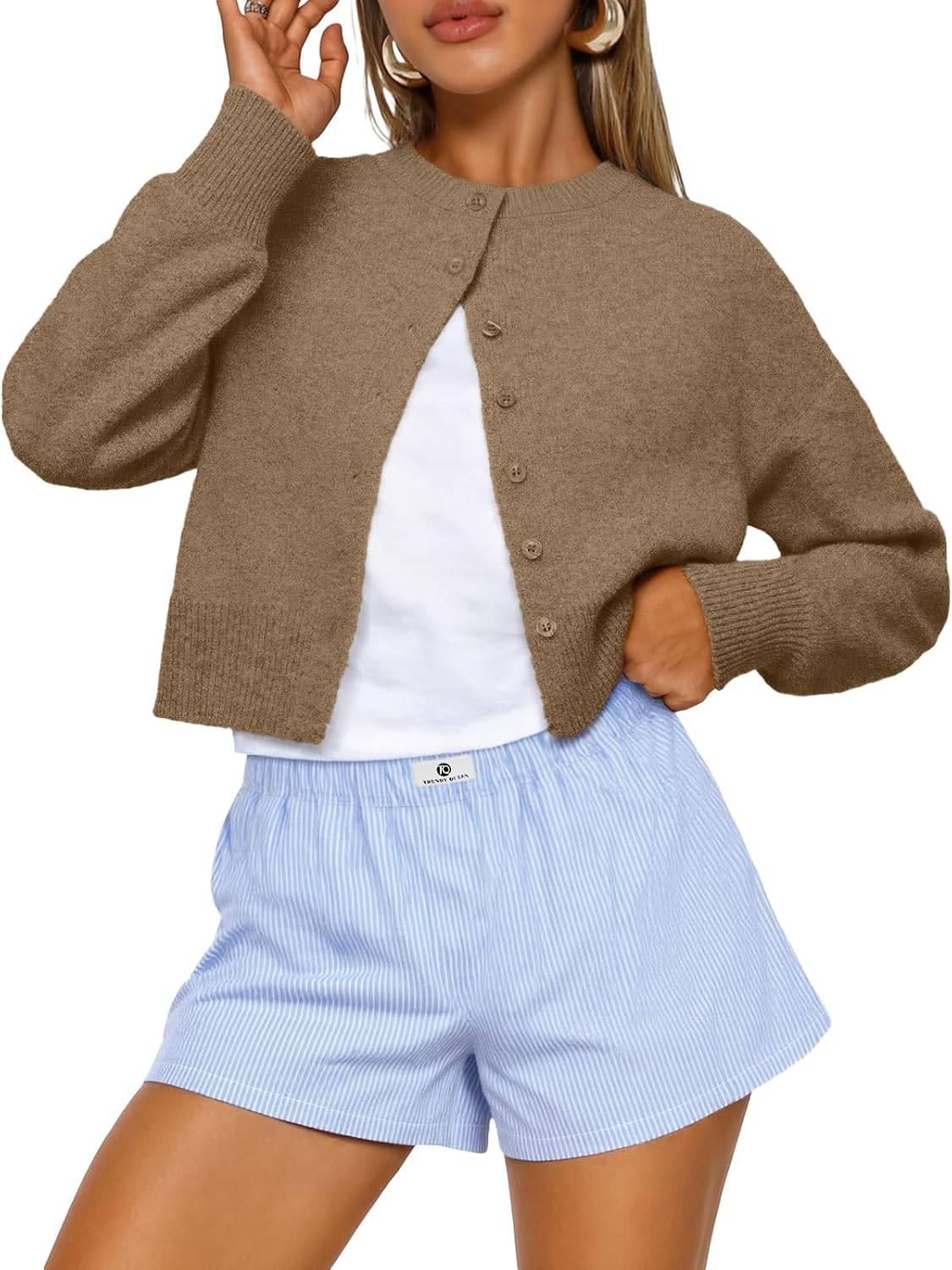 Marielle Cropped Knitted Cardigan with Crew Neck Button Front Lightweight Sweater