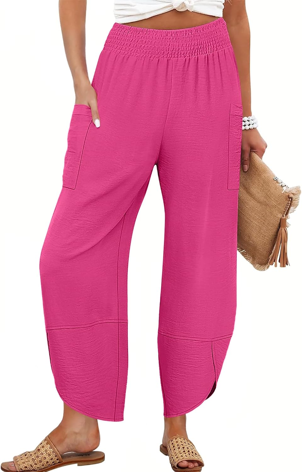 Maëlys Women's Smocked Waist Barrel Leg Cropped Pants with Utility Pockets