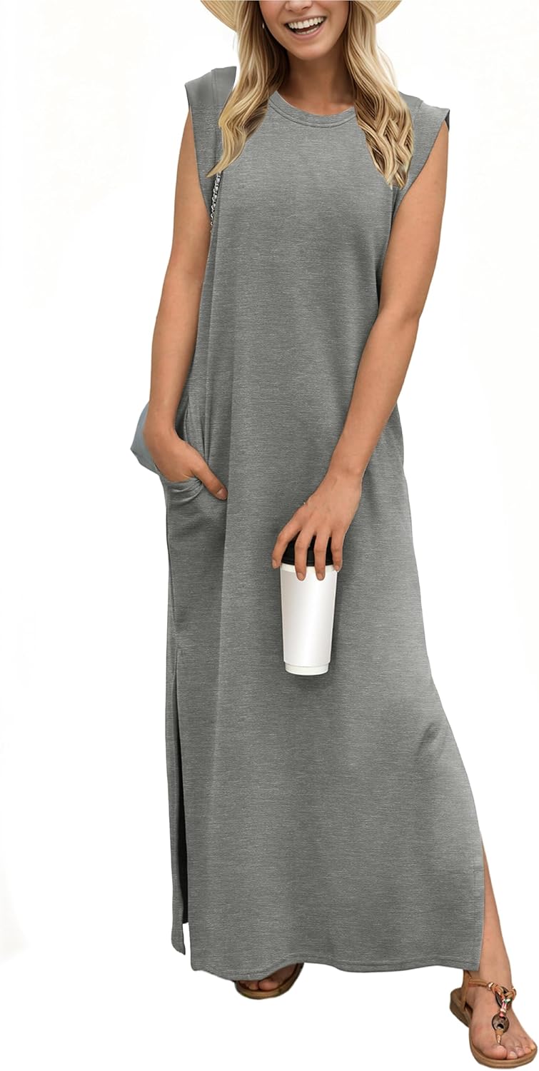 Coralie Women's Sleeveless Maxi Dress with Side Slit, Pockets & Wrinkle-Resistant Fabric
